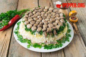 Salad “Mushroom glade” with boiled pork
