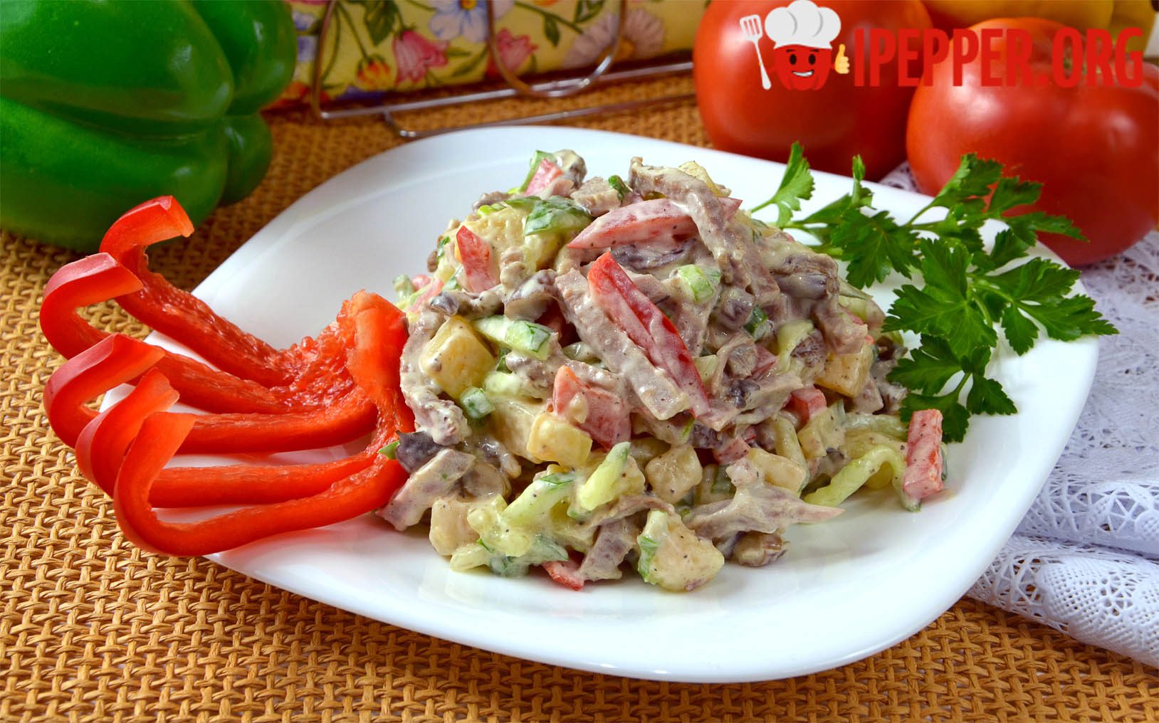 Salad with tongue and pickled mushrooms