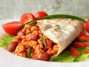 Burrito with chicken, beans and cheese