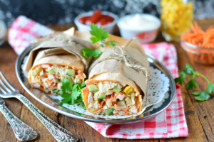 Lavash roll with crab sticks and korean carrots