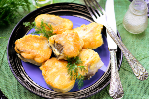 Fried hake in batter with mayonnaise