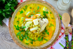 Chicken soup with canned peas