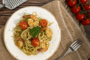 Pesto pasta with shrimp